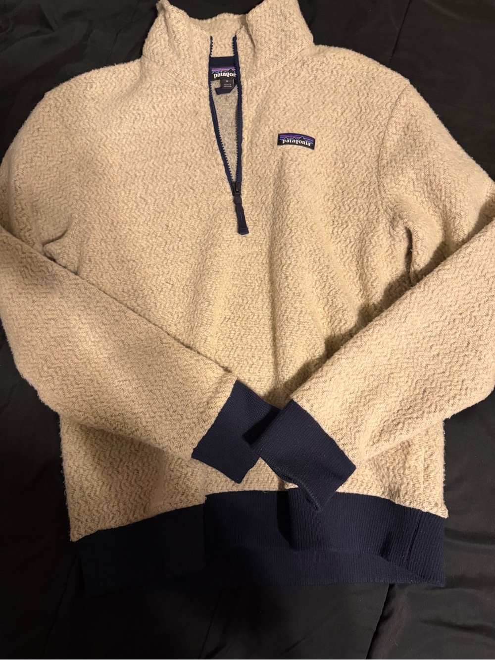 Patagonia Cream Sherpa Pullover with Navy Accents